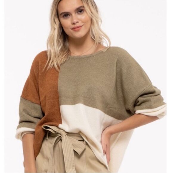 Trendy M-L Green Brown Ivory Color Block Knit Back Tie Sweater - Picture 3 of 15